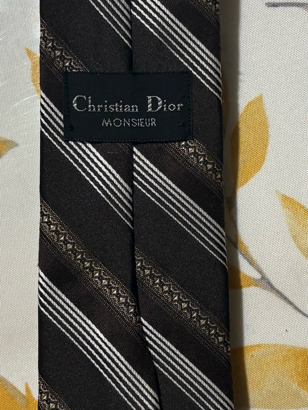 Dior Monsieur Brown Tie with White and Gold Stripes